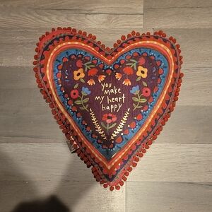 Natural Life Heart-Shaped Embroidered Pillow with Colorful Design